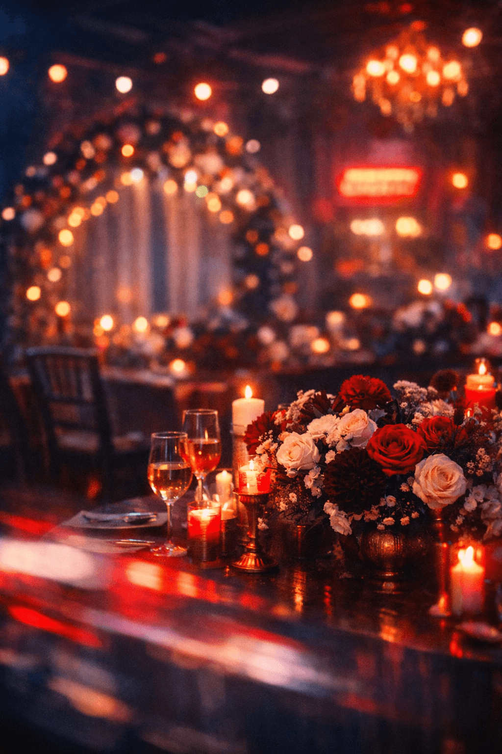 Romantic neon-lit weding reception set-up