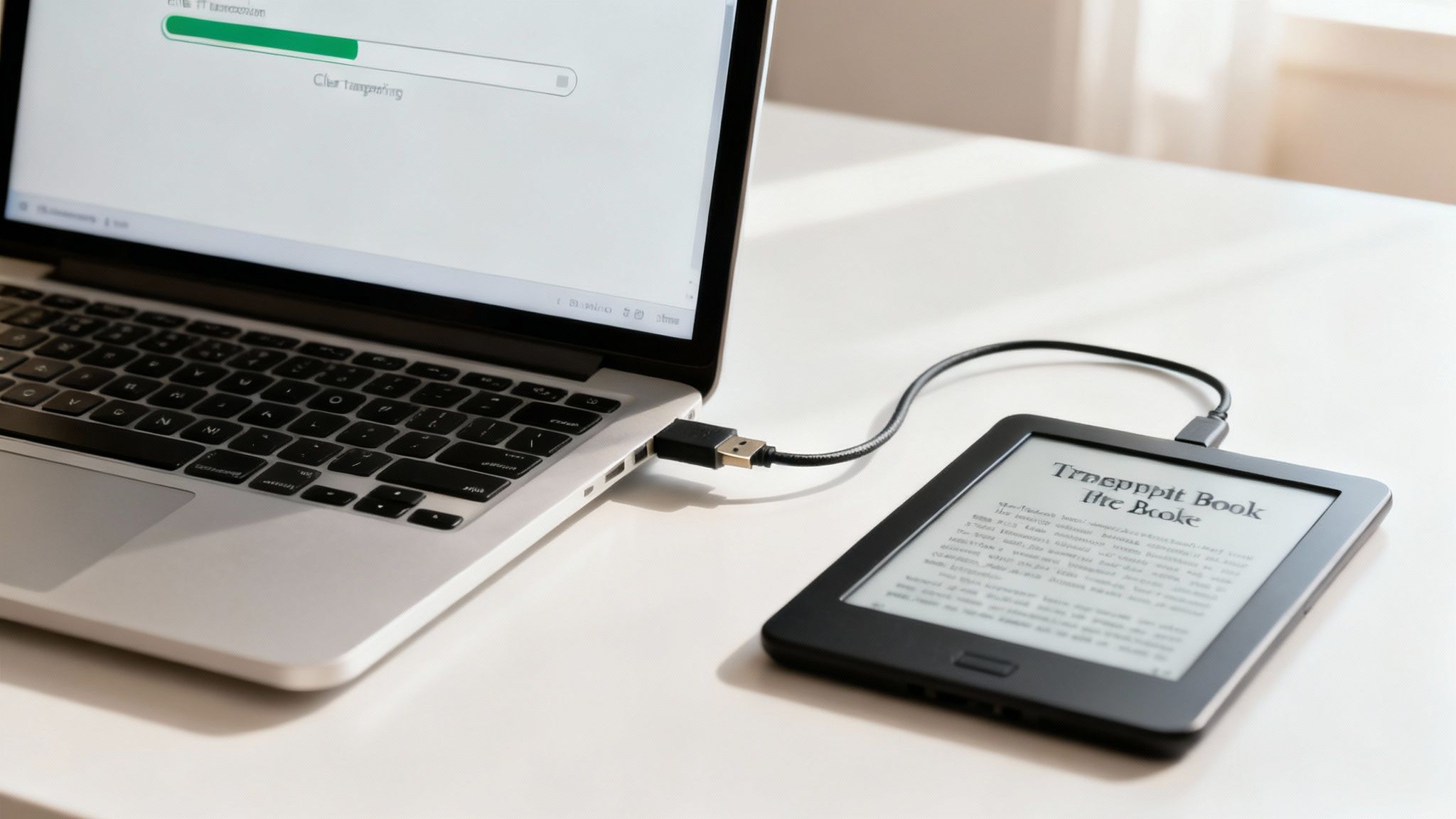 Speak4Me – Person reading an ebook on a dedicated e-reader device, with a large stack of physical books behind them for comparison.