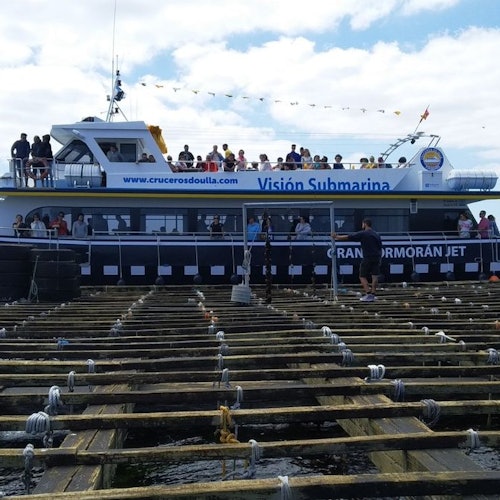 Un gran barco turístico llamado "Visión Submarina" con personas a bordo está atracado junto a estructuras de madera en el agua.