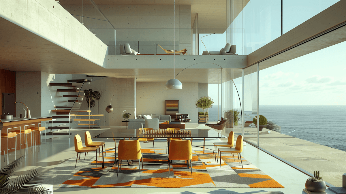 Modern open-concept living space with ocean view, featuring yellow chairs, glass table, and sleek design elements.