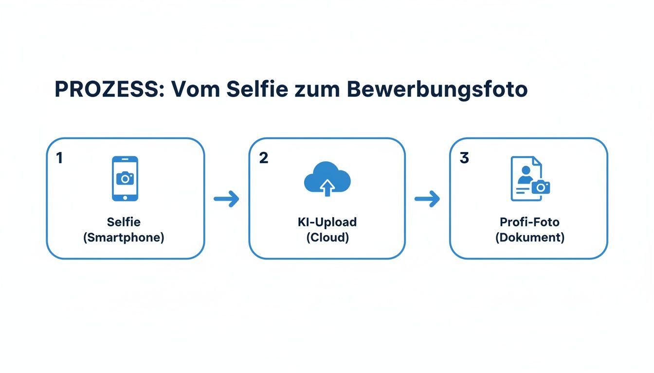 Visualisierung des Prozesses: Vom Selfie auf dem Smartphone über KI-Upload zum professionellen Bewerbungsfoto.