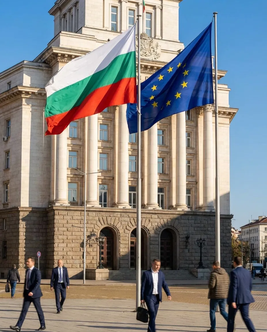 Bulgarian and EU flags displayed in front of a government building in Sofia.