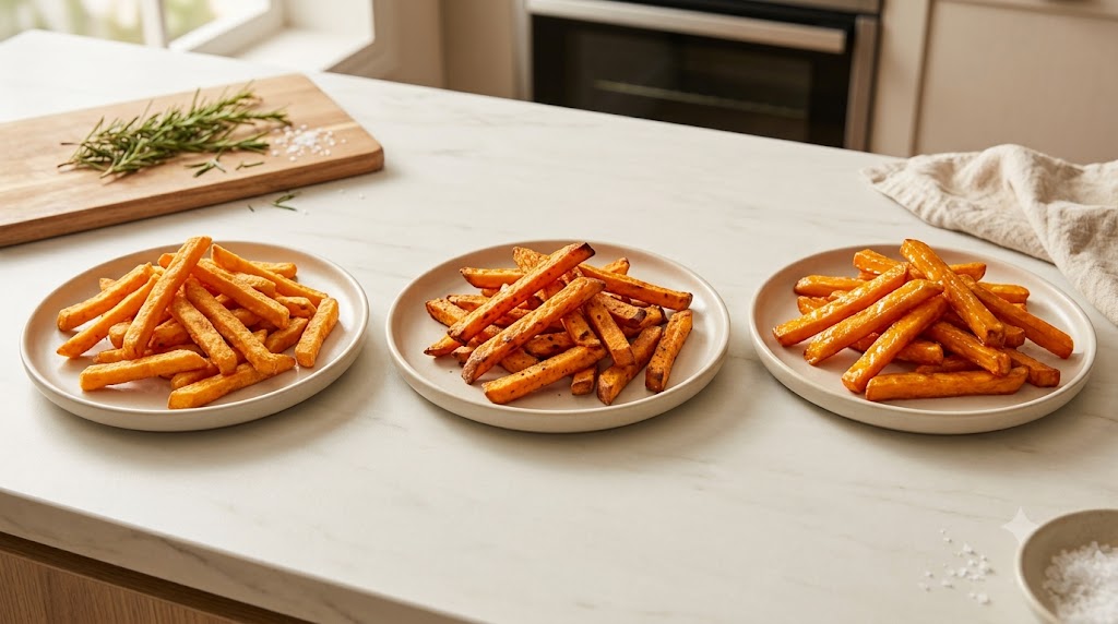 Three plates of sweet potato fries are lined up on a marble countertop in a well-lit kitchen. The fries on the left are light orange and crispy, those in the center are a deep, rich brown, and the fries on the right are golden yellow. A sprig of fresh rosemary and sea salt are scattered nearby.