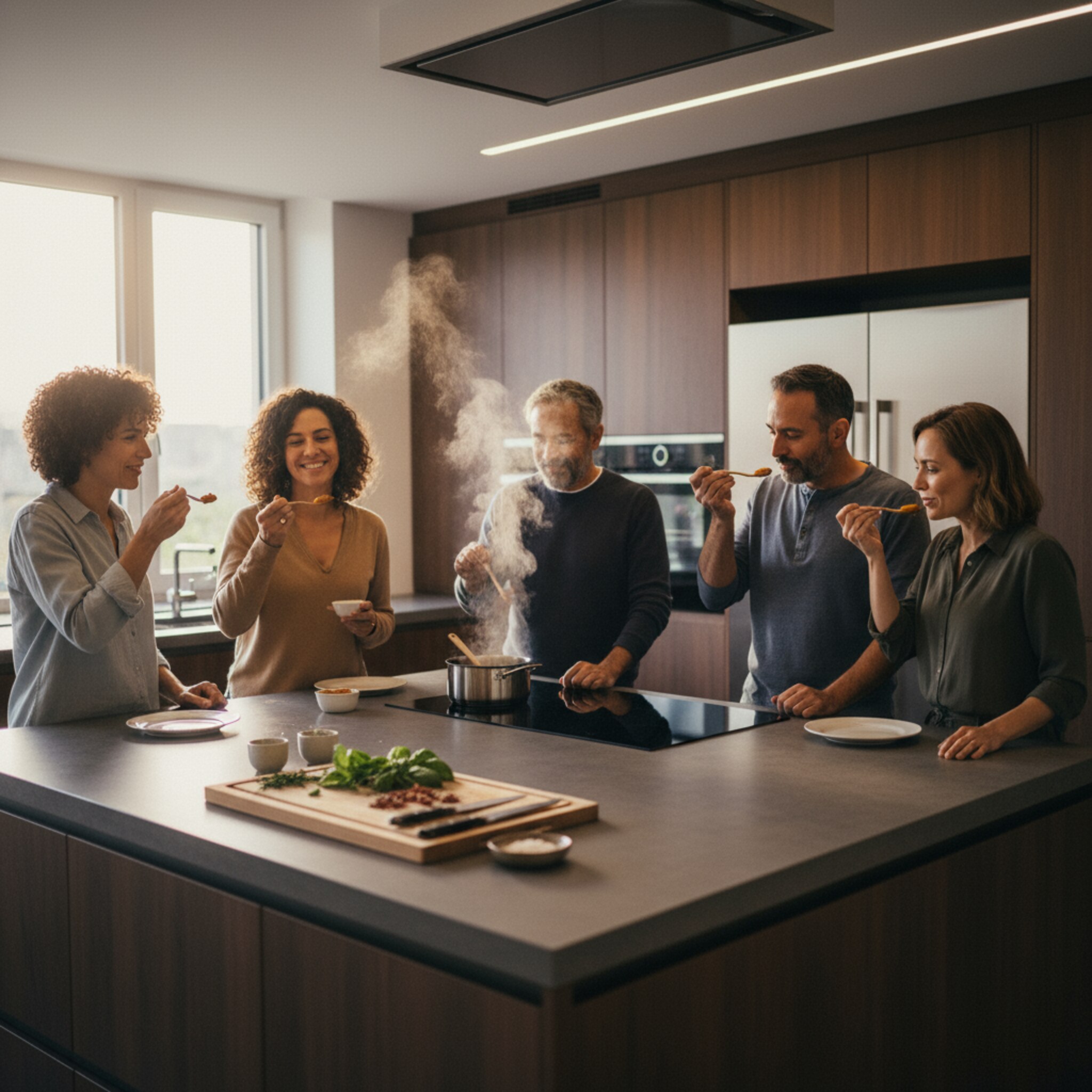 Ein abendlicher Kochworkshop im Studio, Dampf steigt aus einem Topf über einem Induktionsfeld. Eine Gruppe probiert eine frisch angerichtete Sauce, lacht und nickt zustimmend. Auf der Arbeitsplatte liegen Kräuter und Schneidbretter. Warmes Licht betont die Oberflächen der Küchenzeile.