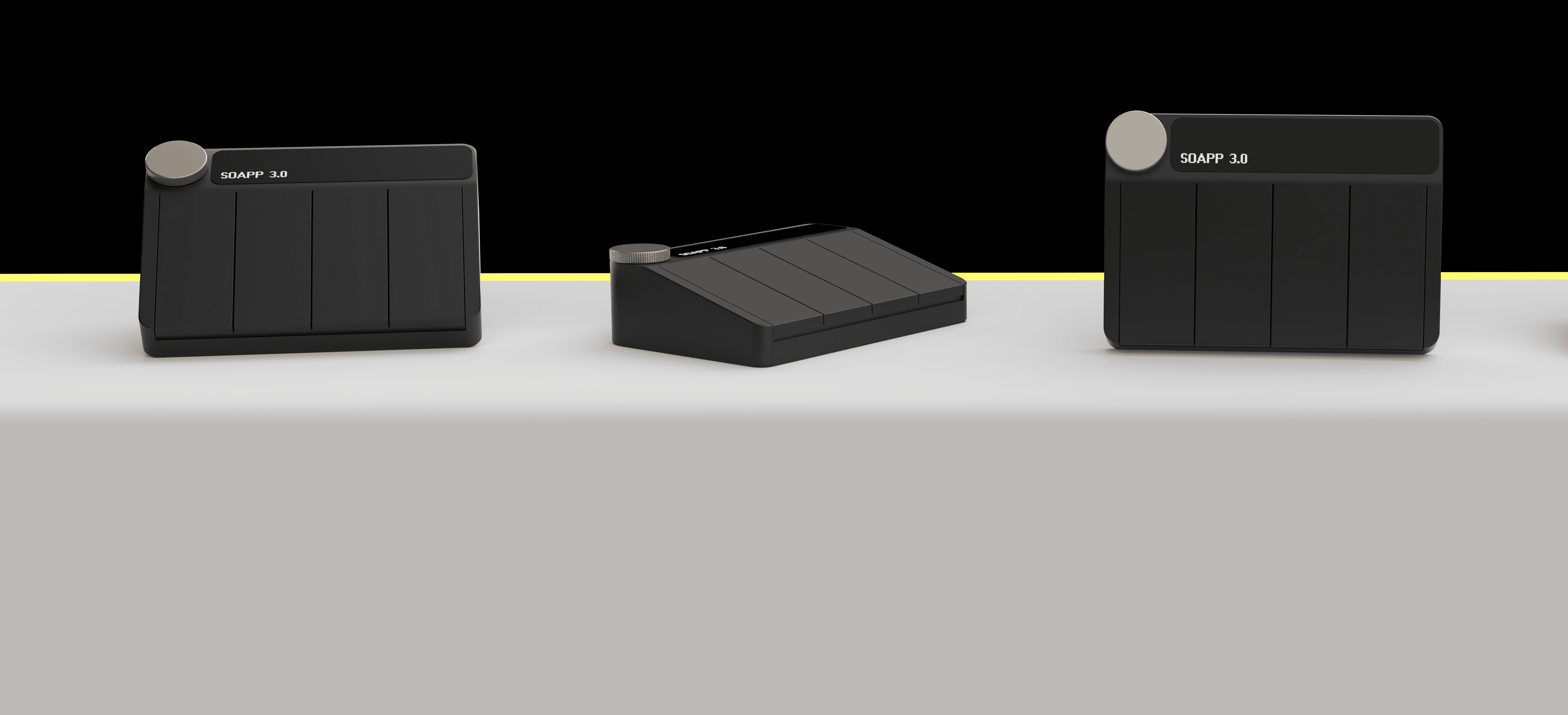 Three different views of the Riff MIDI Link on a white table against a black background.