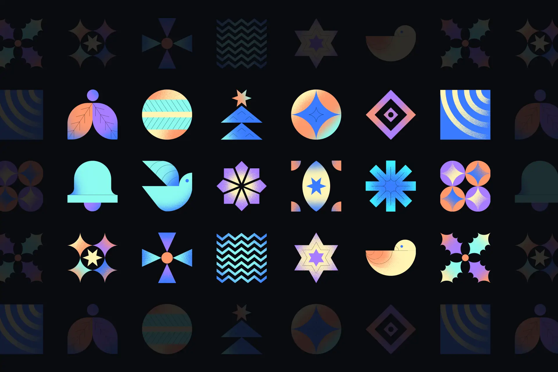 A grid of colorful geometric icons on a black background, featuring stars, birds, and abstract patterns with gradients in blue, orange, and purple tones.