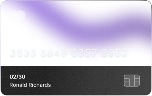 A sleek credit card design with a gradient purple background and a black bottom section displaying card details.