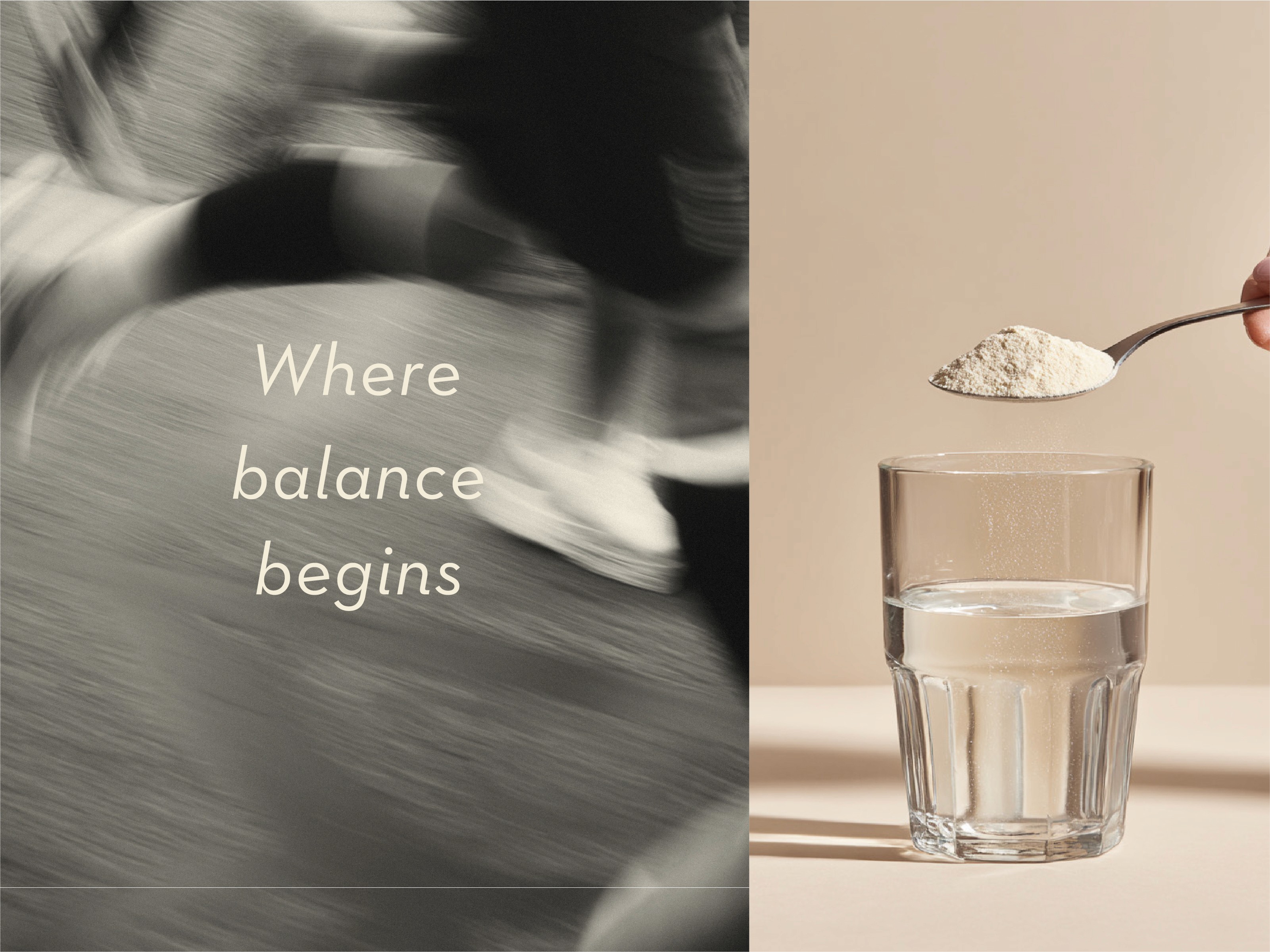 blurry running feet action photo next to a scoop of gut health powder over a glass