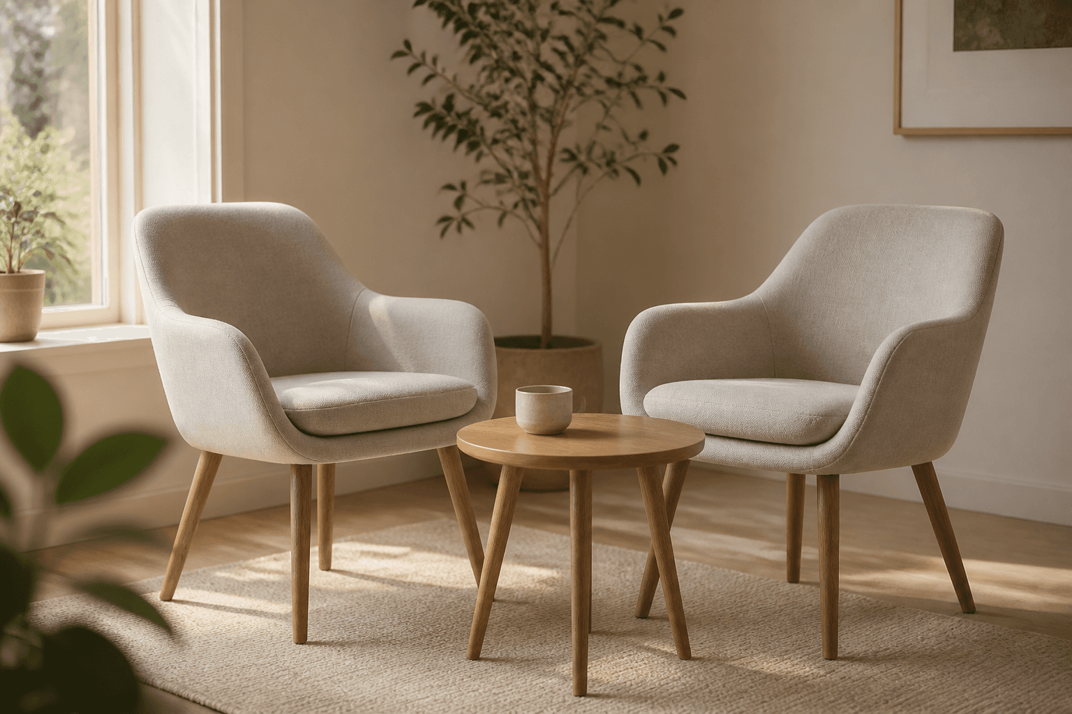 Two light upholstered chairs angled towards a small wooden table in a warm room