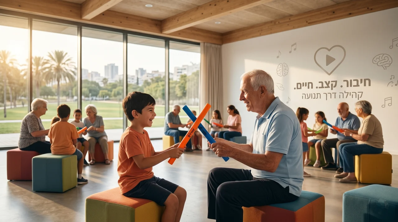 איור וקטורי נקי של ילדה וילד מחייכים ופעילים, משחקים ומנגנים יחד במקלות מקצב וצליל תכלת וכתום. הילד יוצר צורת איקס במקלות ומעליהם מופיעים תווים מוזיקליים, על רקע בהיר ונקי.