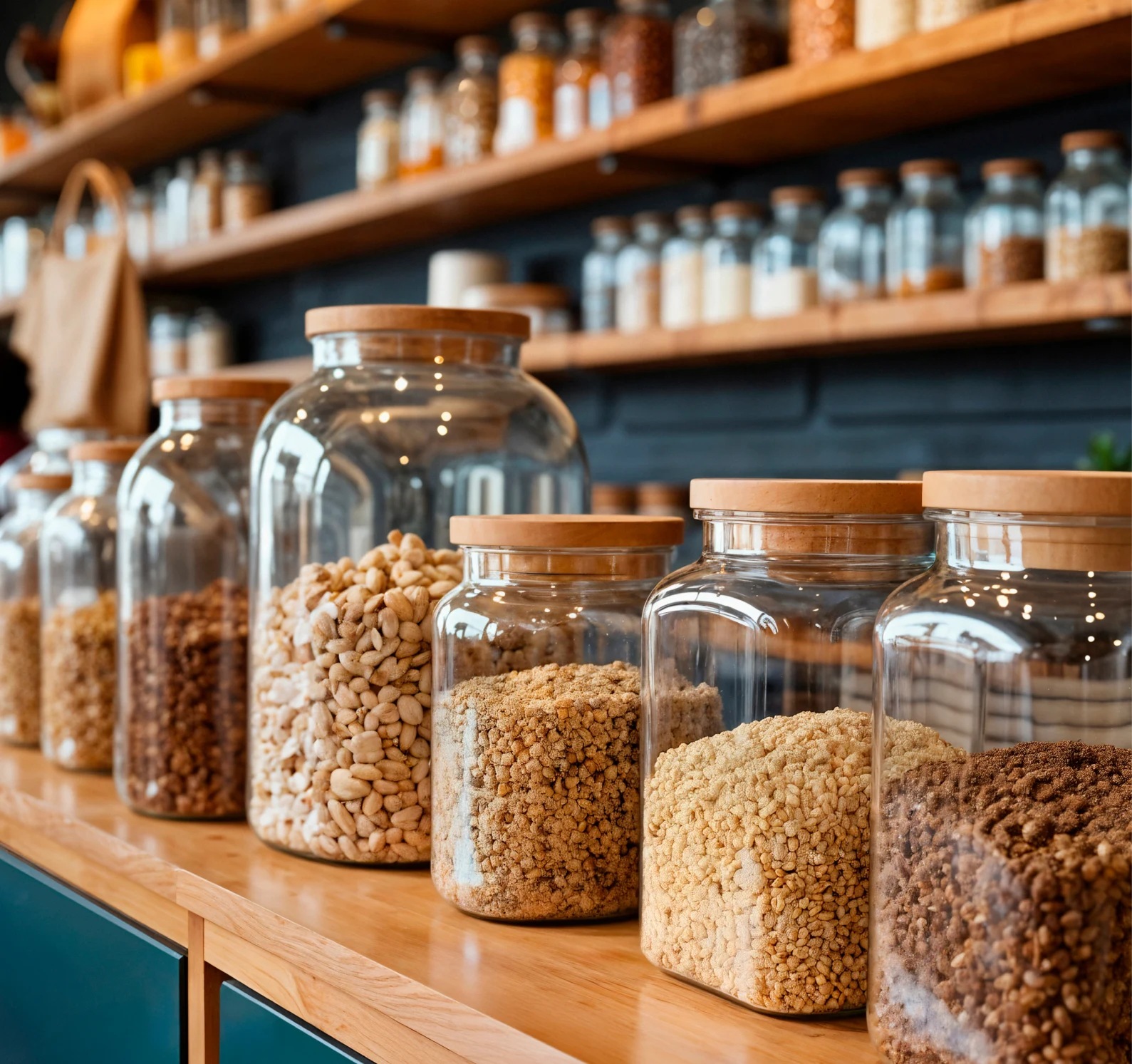 A person in a blue uniform stands in a warehouse aisle surrounded by shelves filled with boxes, representing inventory management and stock tracking.