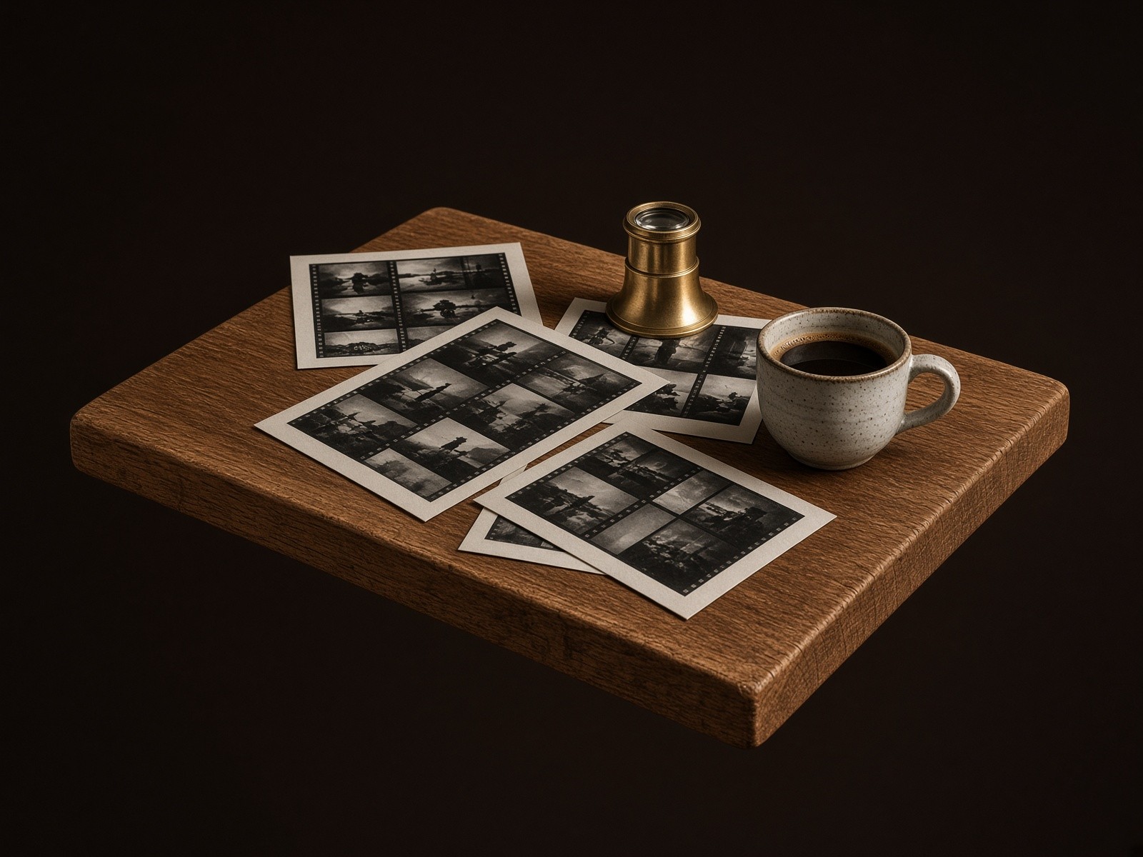Contact sheets on the oak desk