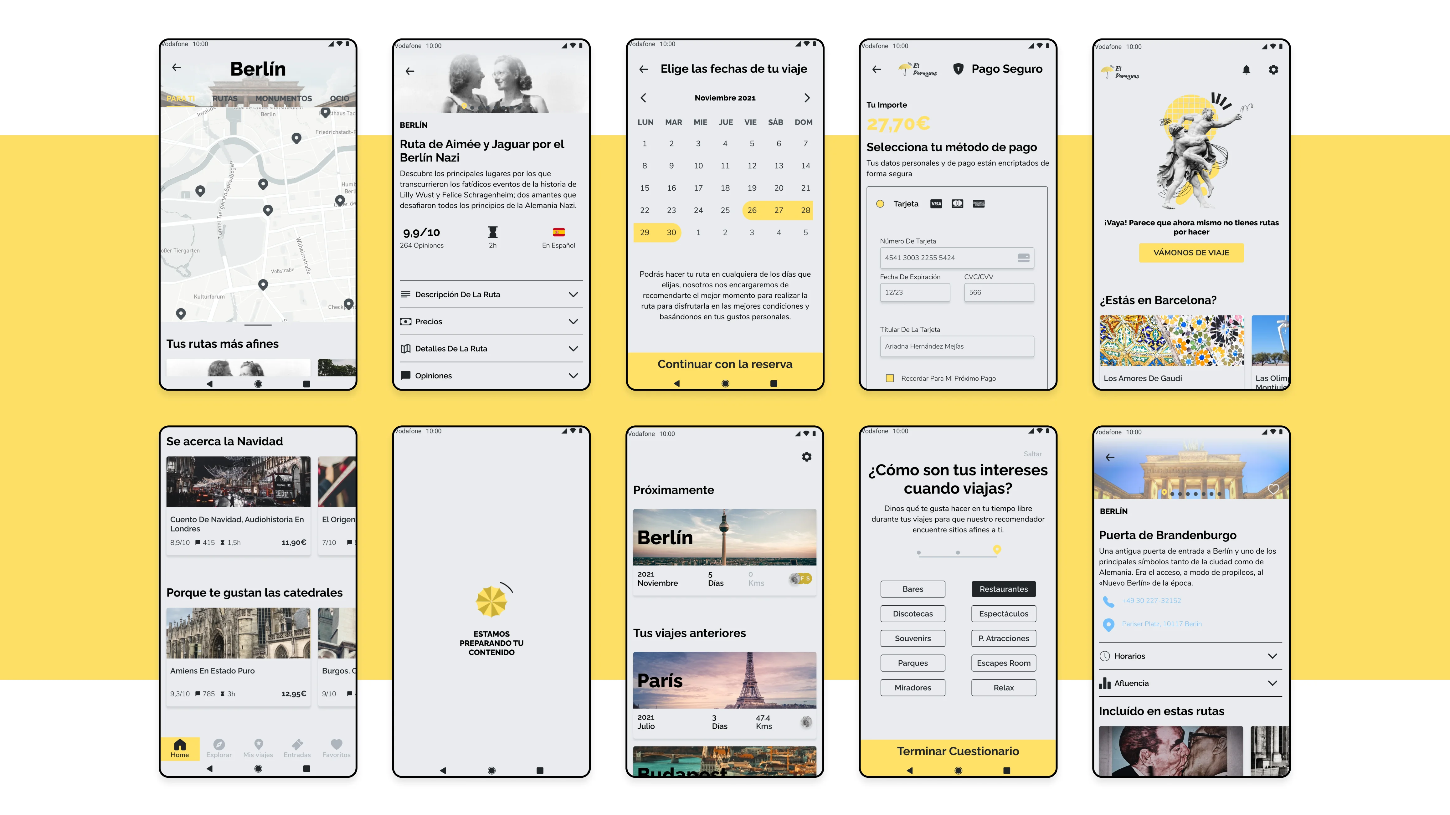 A variety of mobile devices on a yellow background, showcasing mockups of a travel app.
