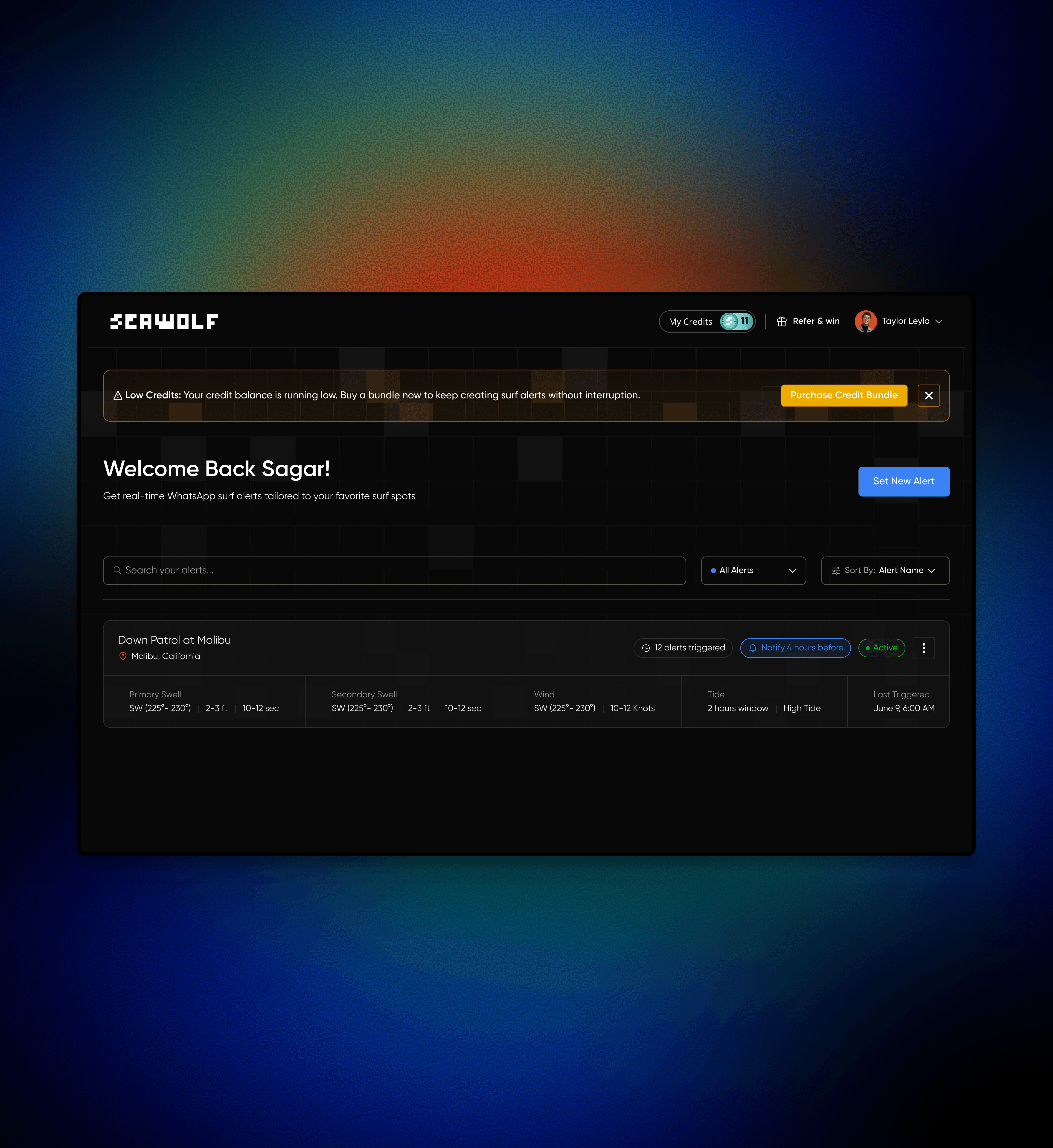 Final dashboard design for managing surf alerts
