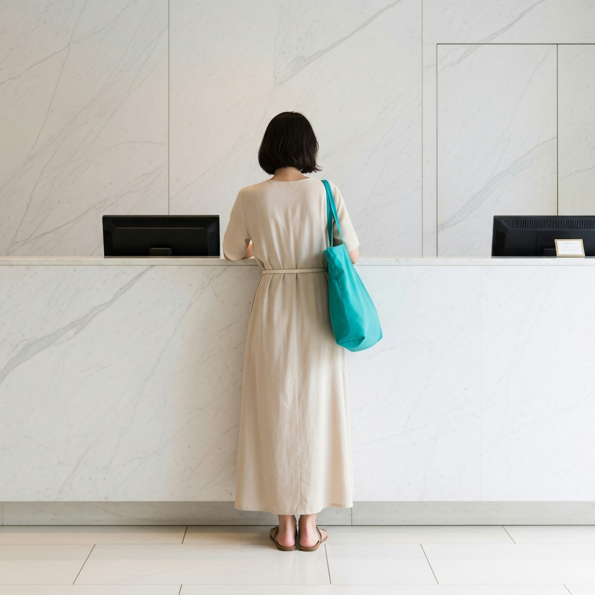 Woman waiting at counter