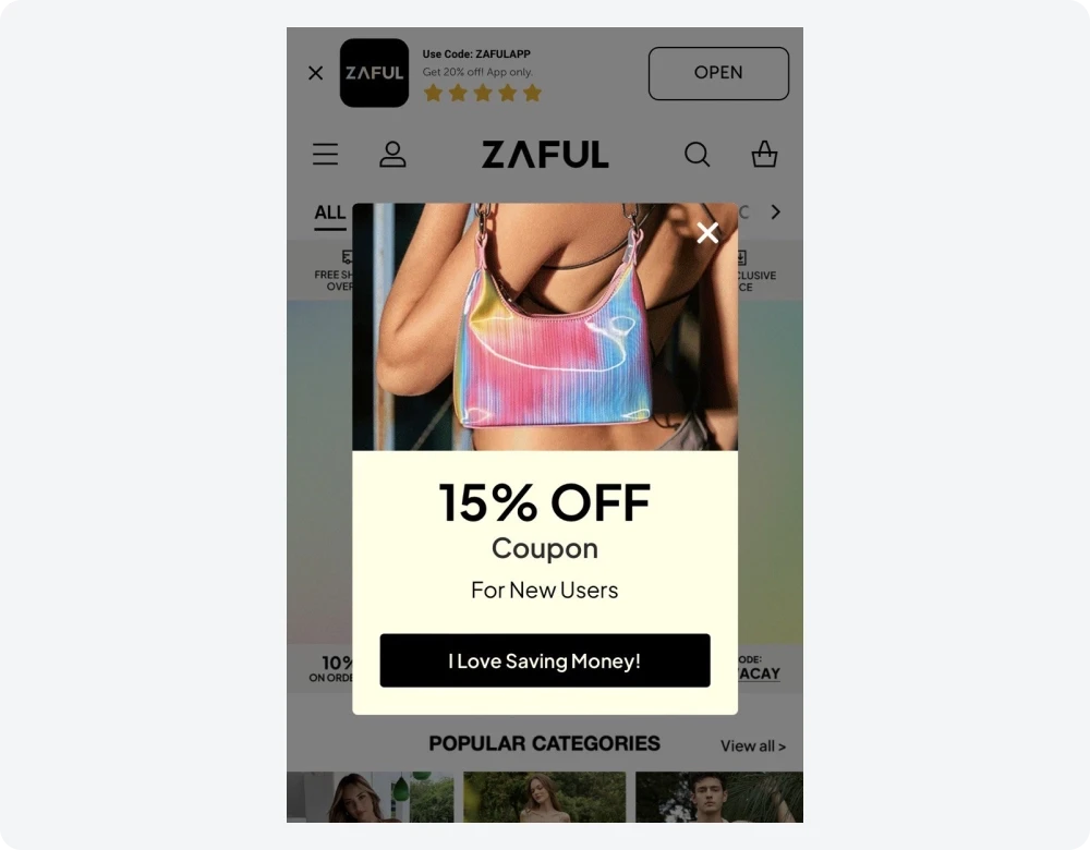 Zaful centered popup on mobile with a colorful handbag visual and 15% off coupon offer