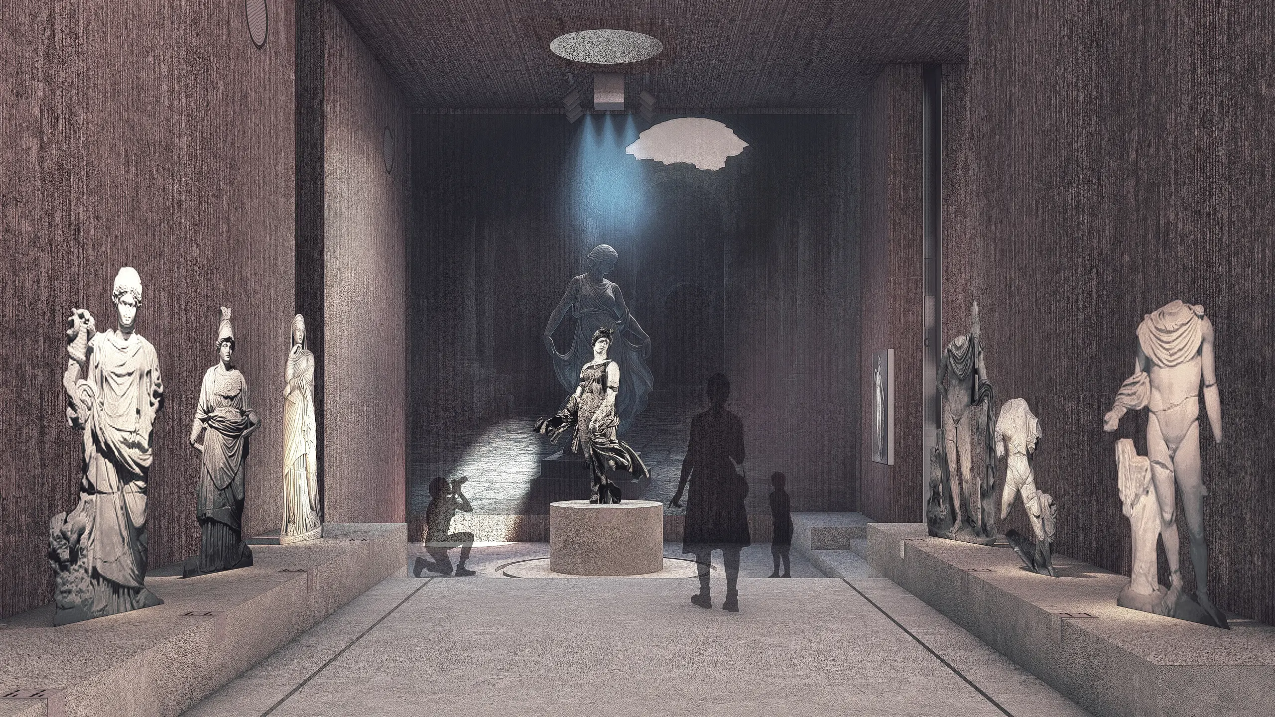 Narrow gallery lined with statues, with a central sculpture under a beam of light