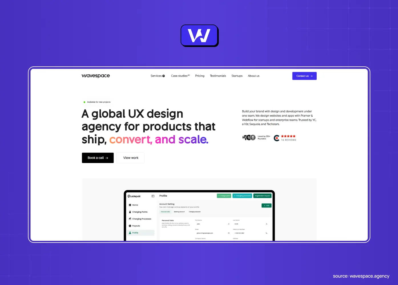 Homepage of Wavespace presenting UX design services focused on building, converting, and scaling digital products. 