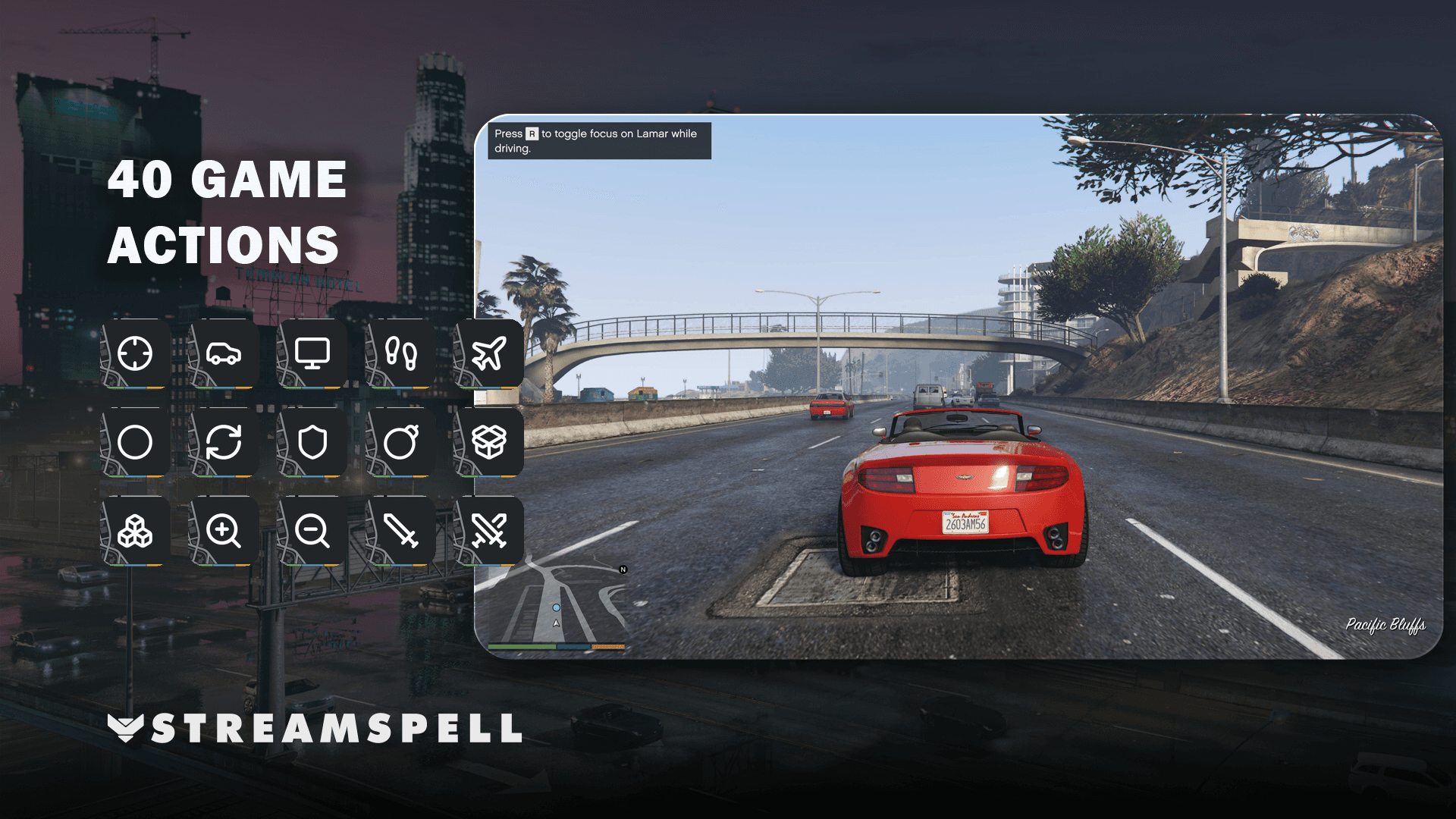 Grand Theft Auto V Stream Deck pages showing weapon, driving, camera, character-selection and movement controls