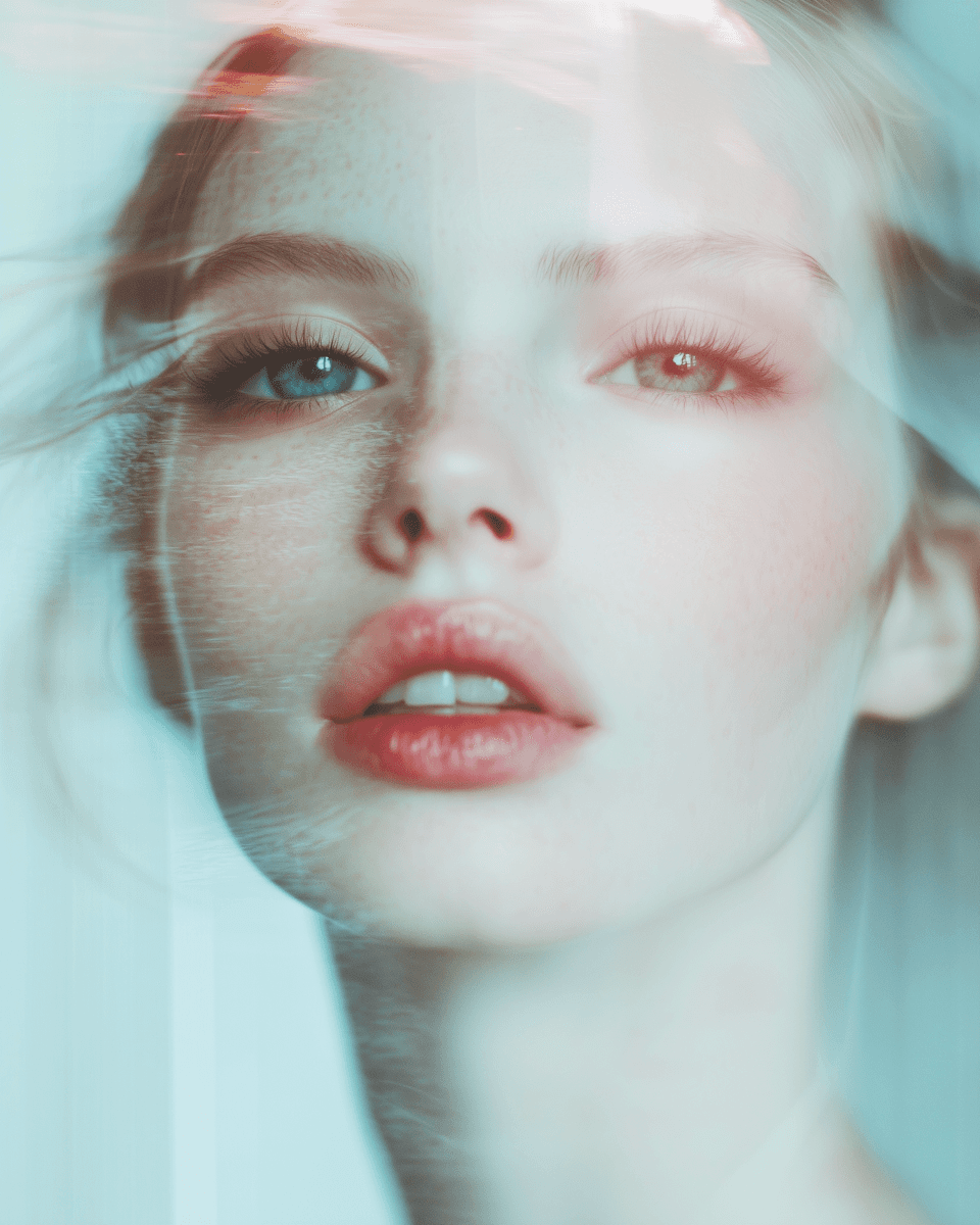 Moody portrait of a woman with straight dark hair and bangs leaning against a turquoise and pink wall, illuminated by soft natural light.