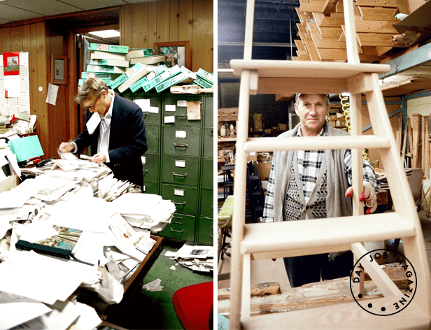 The image is a diptych showing two distinct scenes. On the left, a man in a suit is standing at a desk covered with papers and file folders, appearing to be searching for something. On the right, a man in a plaid shirt and apron stands behind a wooden ladder in a workshop with shelves and tools visible. The logo “DAY JOB MAGAZINE” is visible in the bottom right corner of the right image.