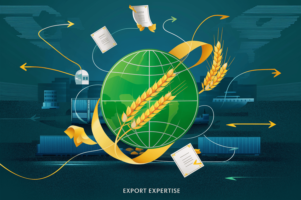 Stylized illustration of a vibrant green globe surrounded by golden wheat or rice, with certificates and trade connection symbols, representing export expertise and certification