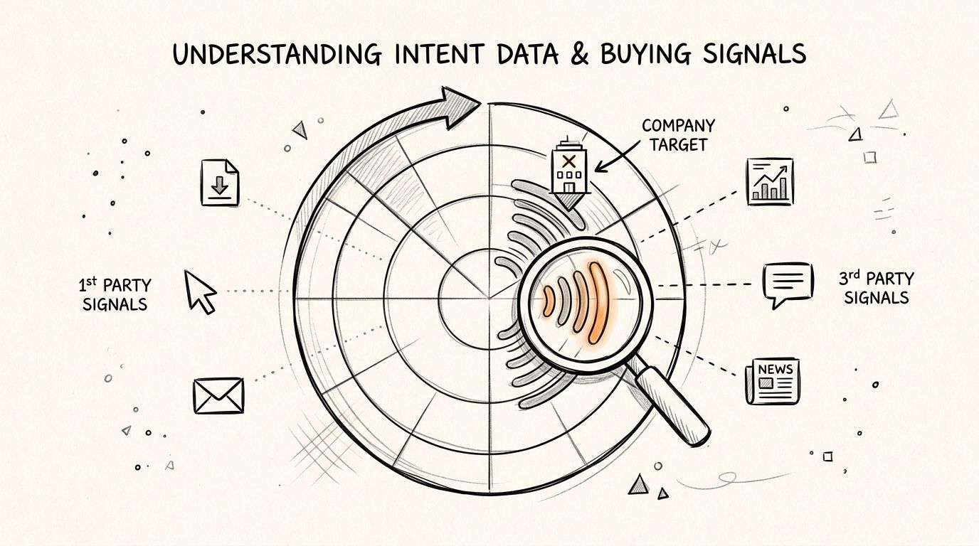 A hand-drawn illustration depicting the concept of intent data and buying signals in B2B marketing strategies.