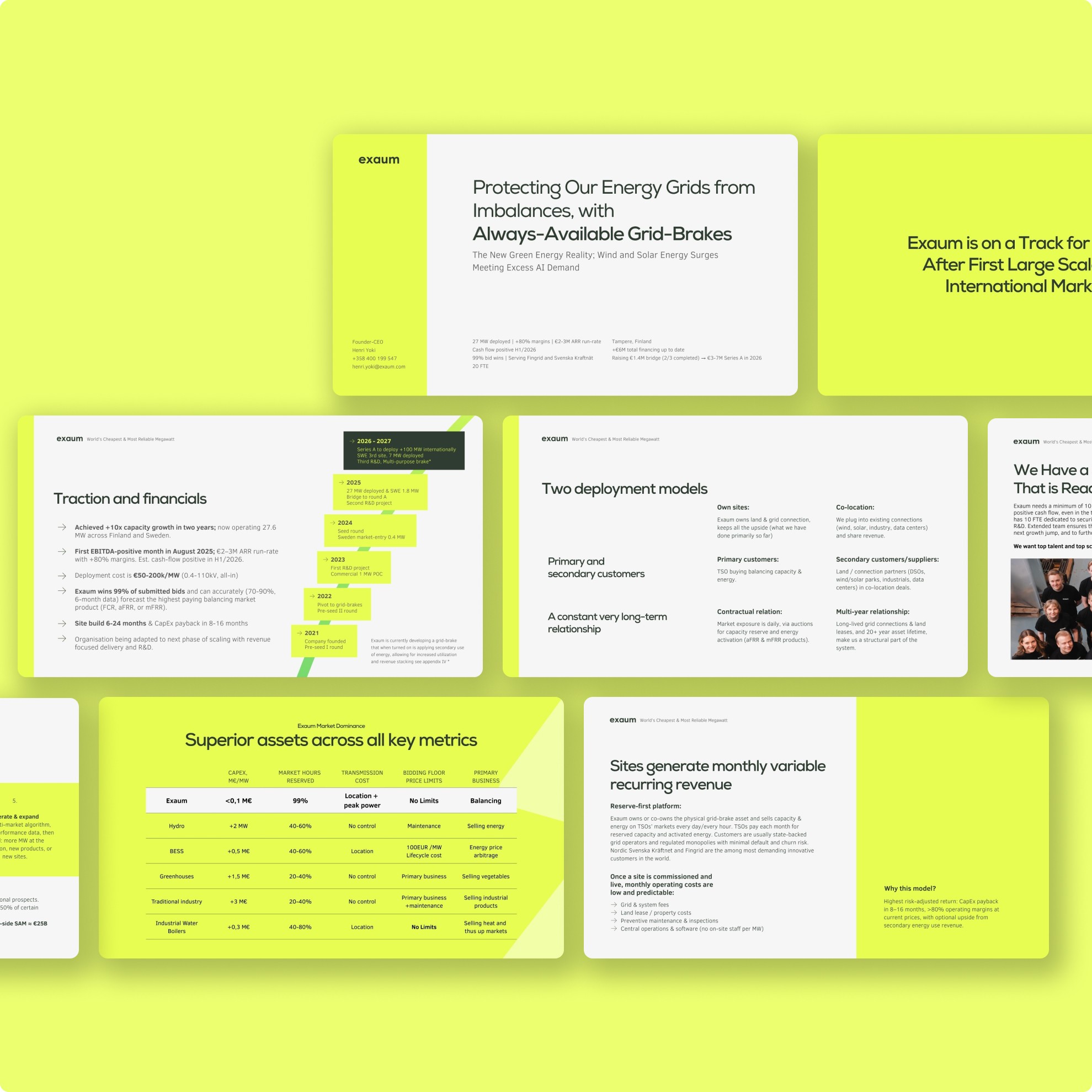 Screenshot collage of several slides of Pitch deck design for Exaum