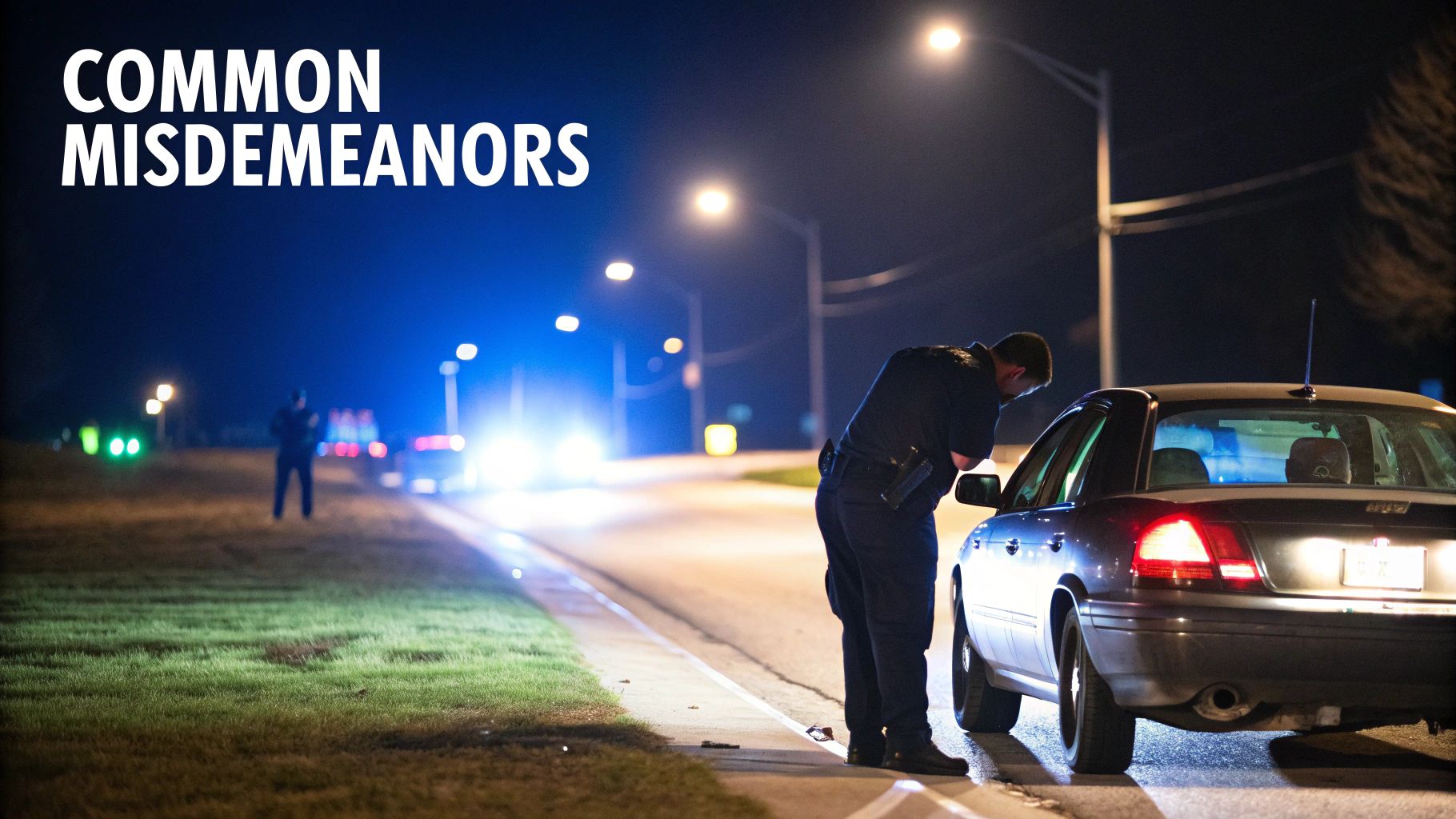 A police officer interacts with a driver during a nighttime traffic stop, illuminated by streetlights.