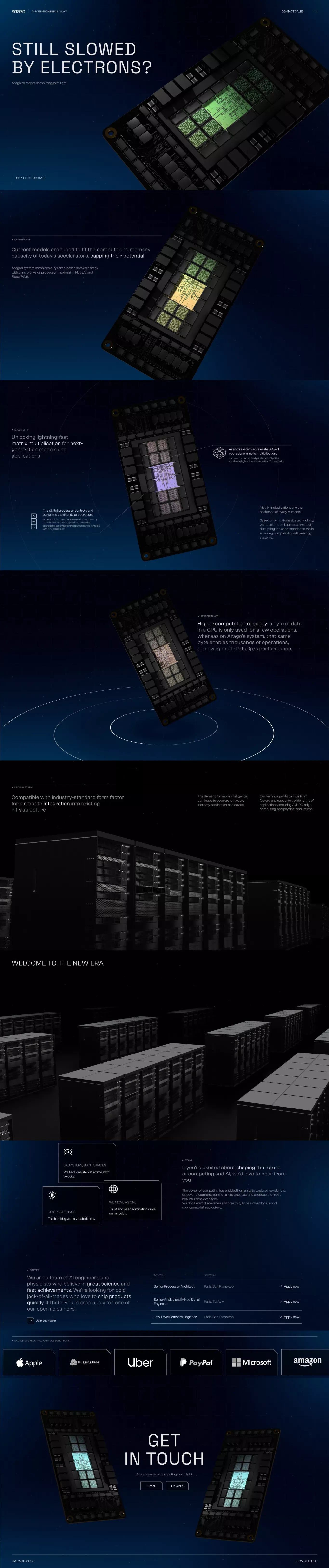 Arago - AI-system powered by light landing page screenshot showcasing Tech design