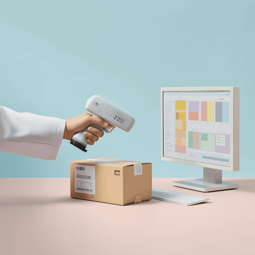 Handheld barcode scanner scanning a shipping box beside a computer showing inventory management system