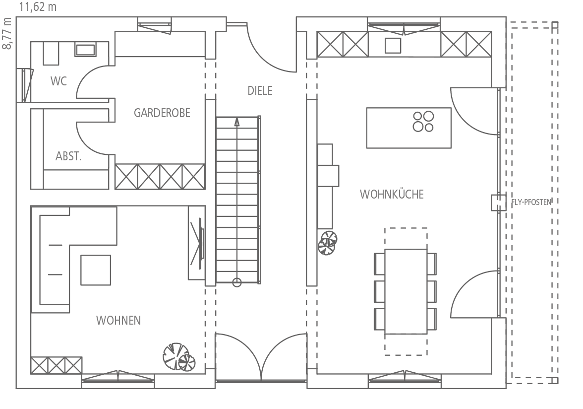 Grundrissskizze: Erdgeschoss mit Wohnbereich, Küche, Diele, Garderobe, Abstellraum und WC. Außenmaße 11,62m x 8,77m.