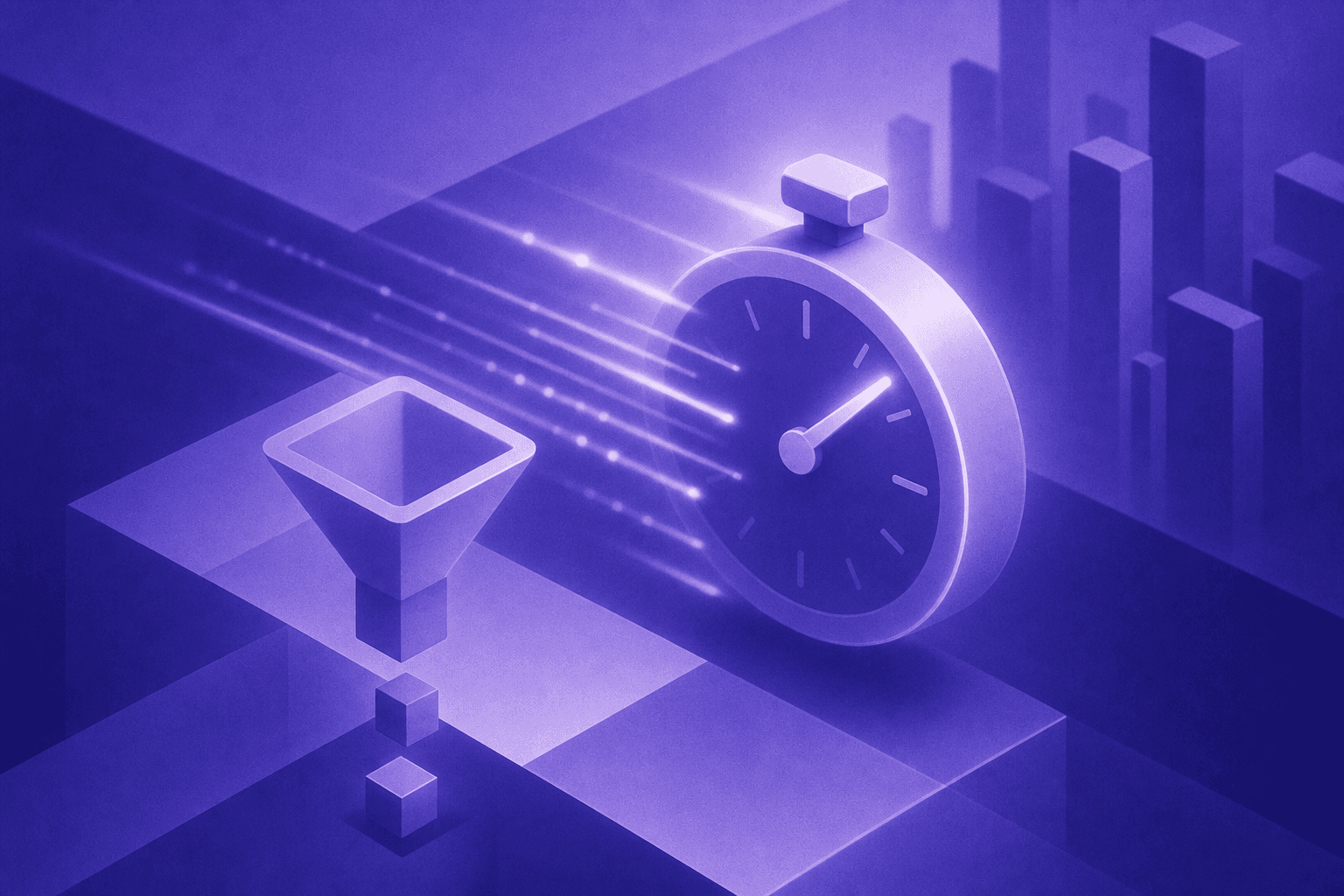 A sleek, modern data visualization concept showing a racing clock or stopwatch against a dark background with glowing digital lines representing speed and response time, enterprise building silhouettes in the background, with a funnel shape symbolizing lead conversion, blue and purple gradient color scheme, abstract and professional, no text or numbers