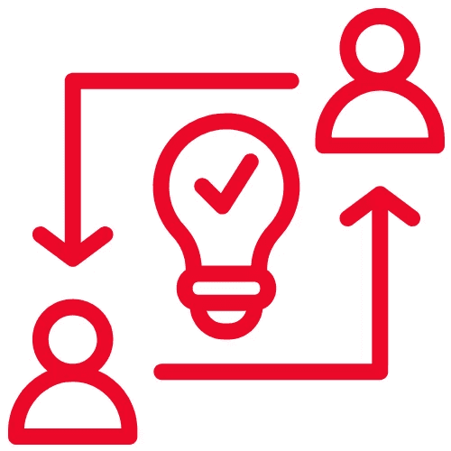 Teamwork, ideas, and solutions icon with people and a lightbulb.
