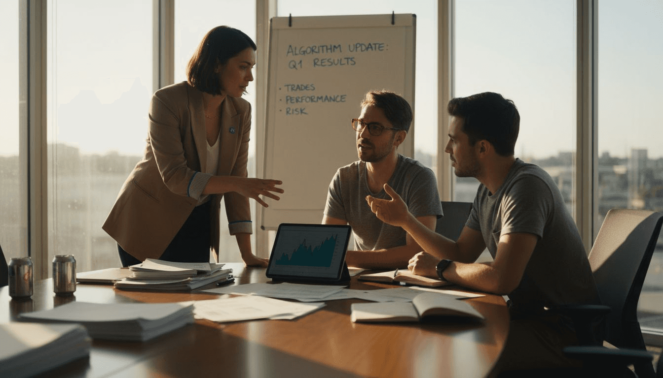 Group revising algorithm charts at meeting table