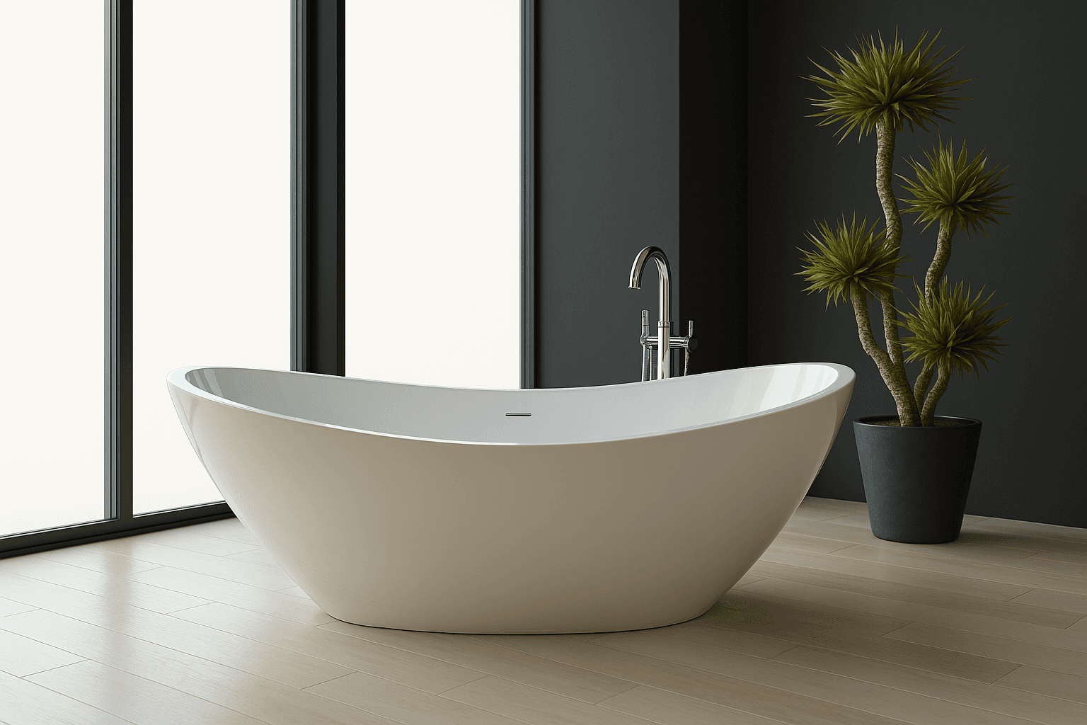 Freestanding bathtub beside smart film windows in a minimalist black-accent bathroom.