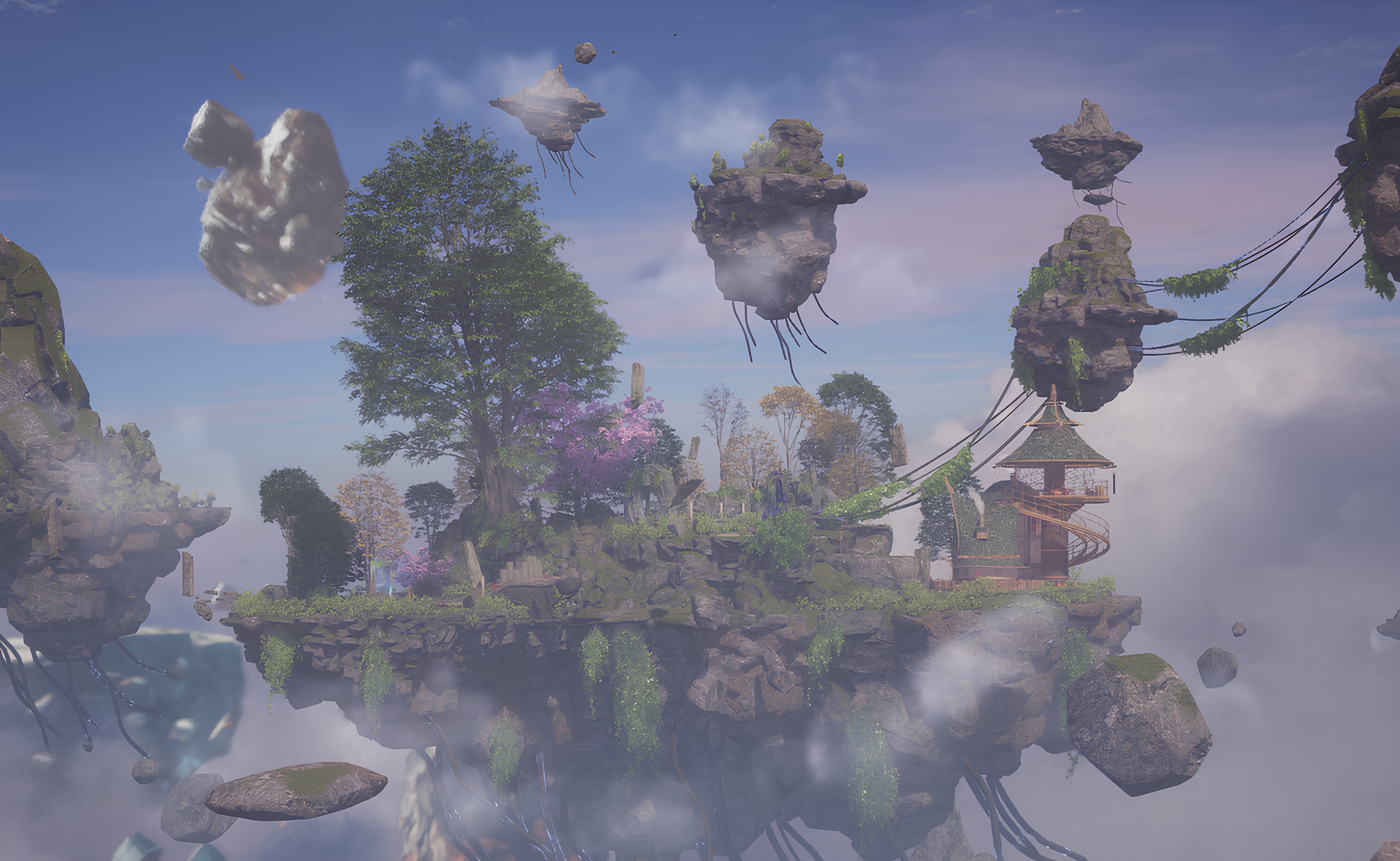 a fantastical floating island landscape, featuring lush greenery, a large tree, and colorful flowers. The island is suspended among clouds, with rocky formations and a small structure that resembles a gazebo