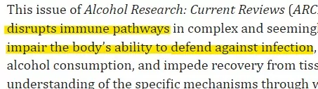 Screenshot of source that finds alcohol impairs the immune system