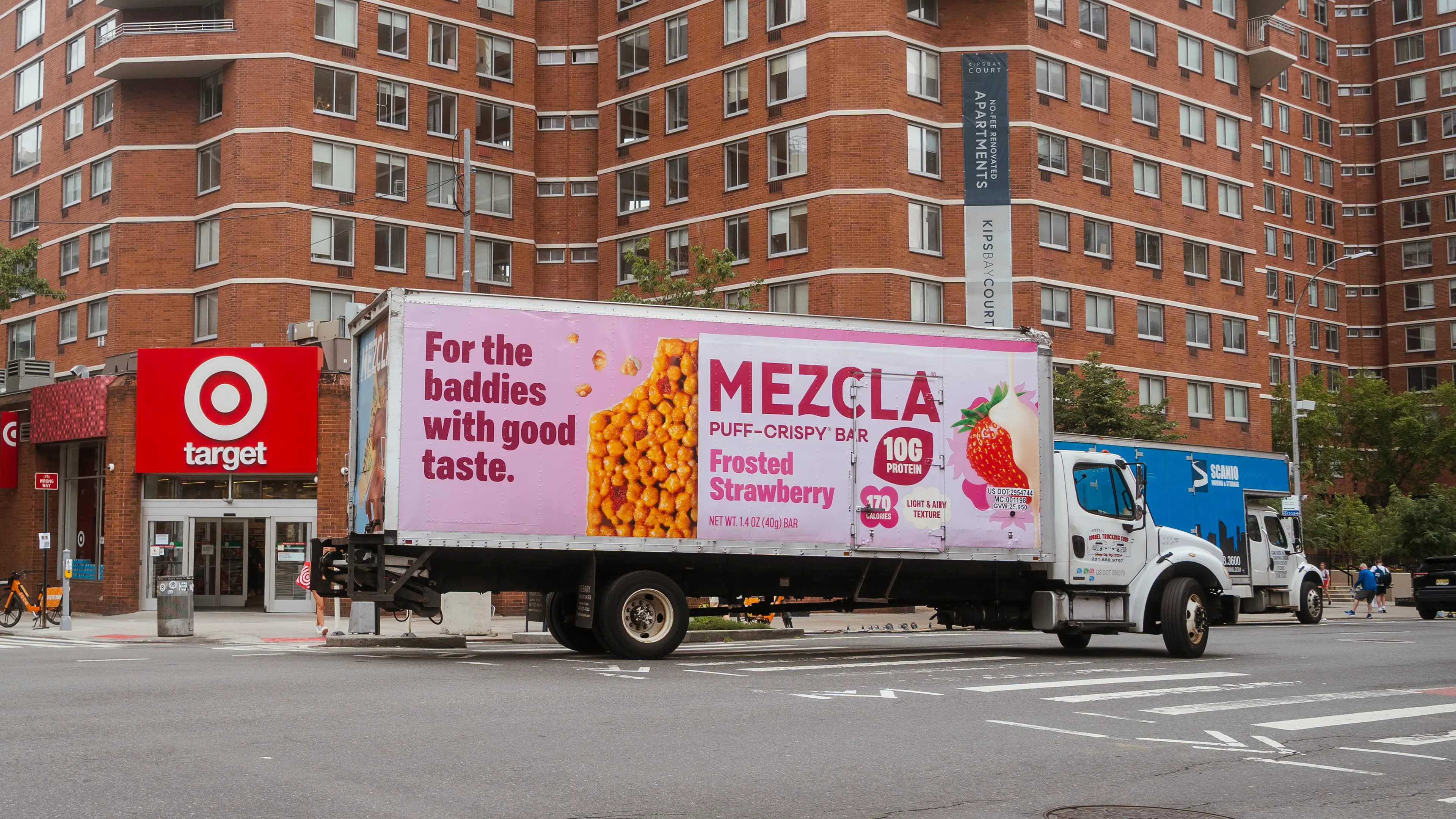 Mezcla Frosted Strawberry box truck wrap parked outside a Target store in Manhattan