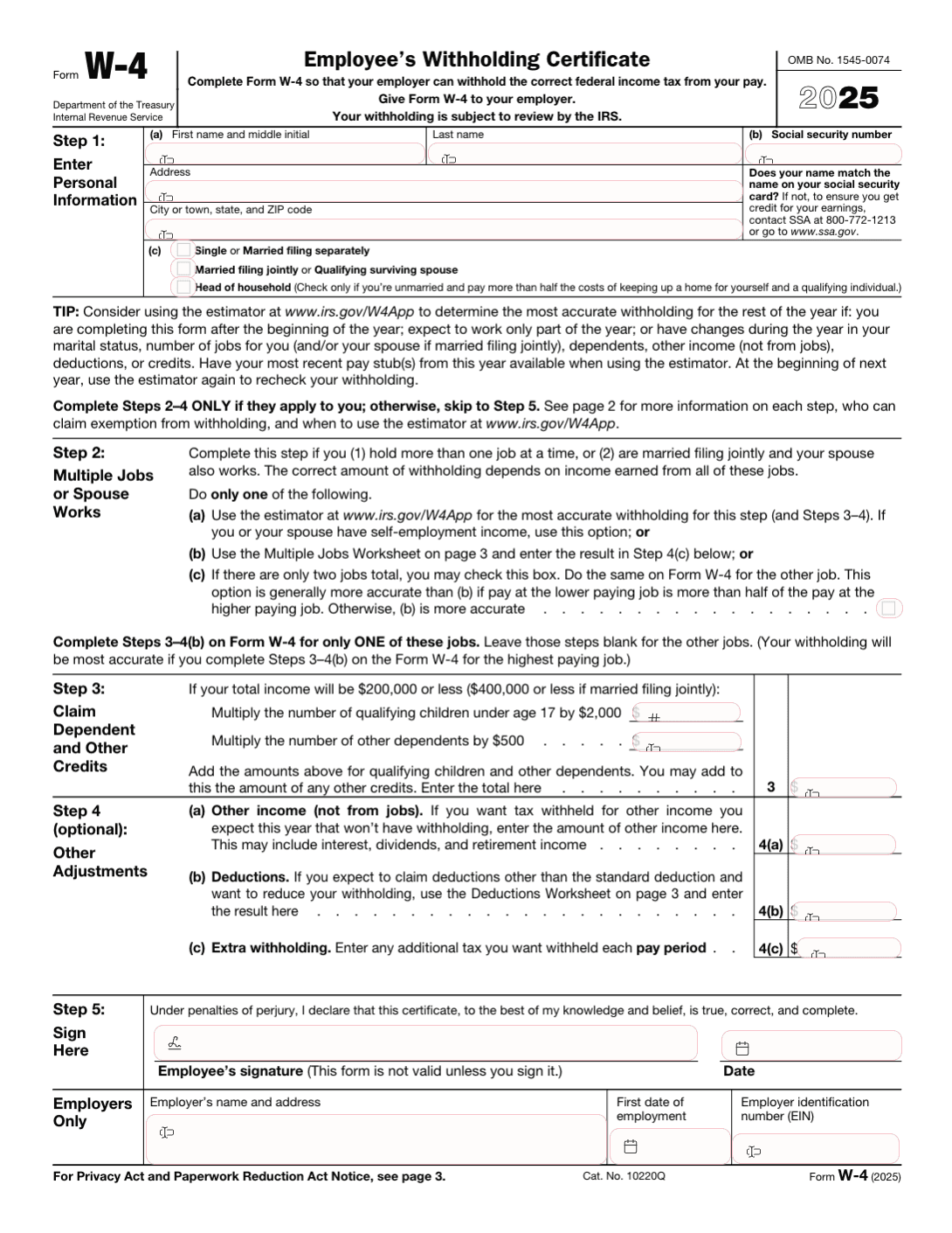 Fillable IRS Form W-4 2025