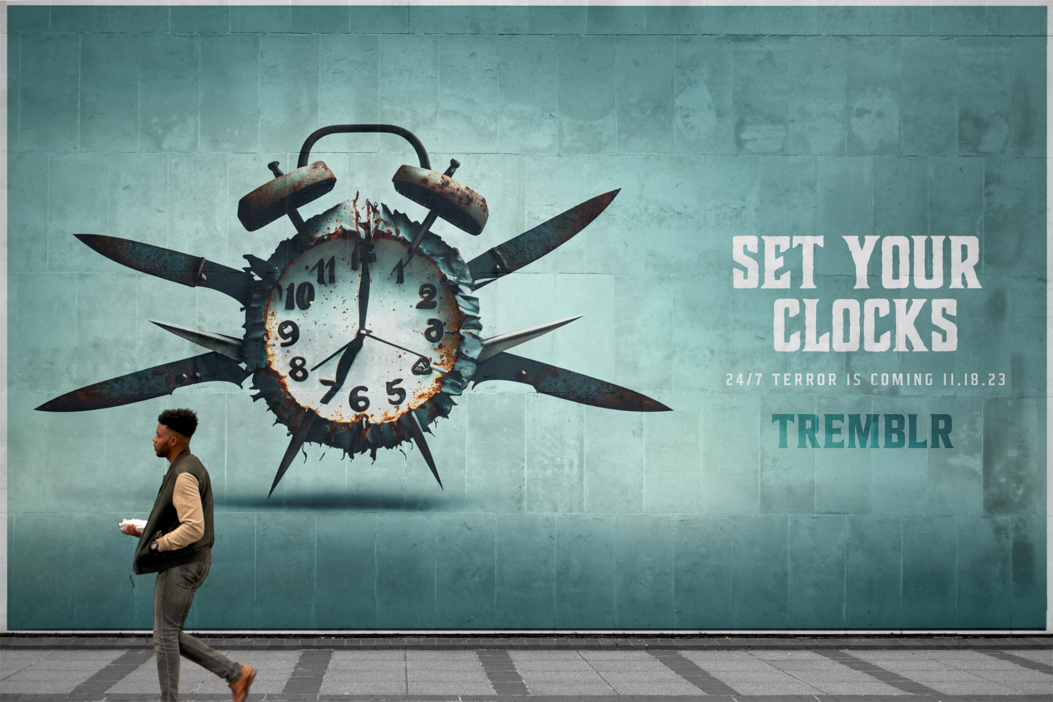 A man with a coffee walking buy a billboard of a rusty clock with kinives sticking out of it