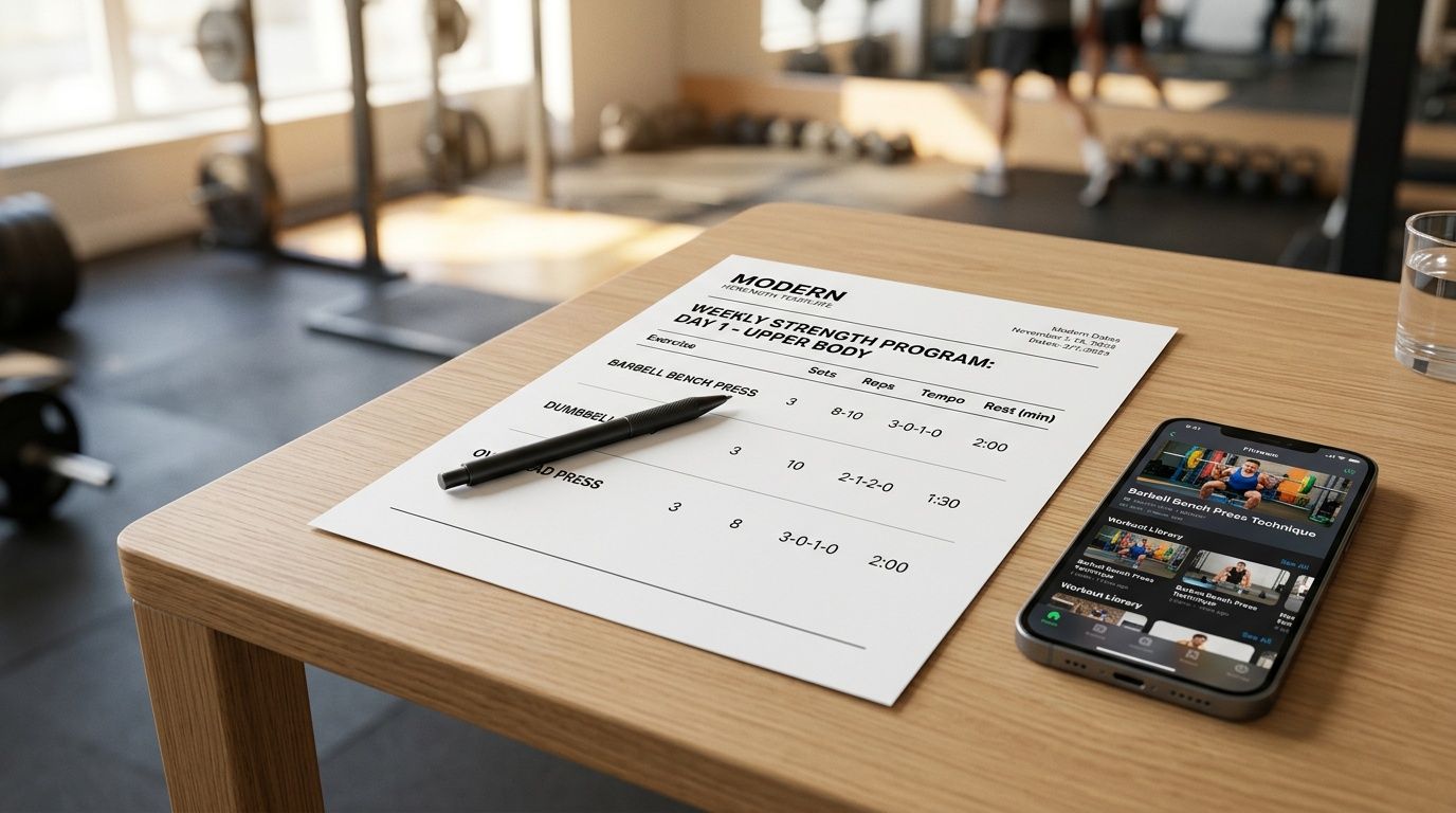 A printed workout routine and a smartphone on a gym table, showcasing modern strength training planning.