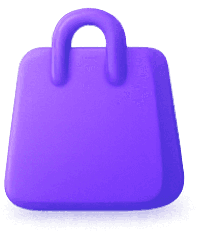 Minimalist 3D purple shopping bag icon with handles, representing e-commerce, retail, or online shopping carts.