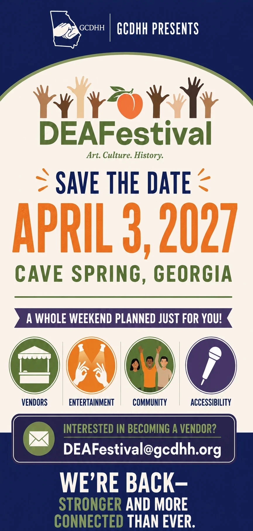 DEAFestival 2027 save-the-date flyer: April 3, 2027, Cave Spring, Georgia. Vendors, entertainment, community and accessibility. Vendor inquiries: DEAFestival@gcdhh.org