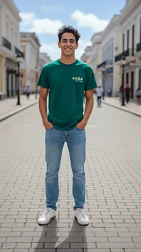Portrait d'un étudiant portant le t-shirt officiel de l'ICEA Martinique dans une rue piétonne de Fort-de-France, illustrant la fierté d'appartenance à l'école