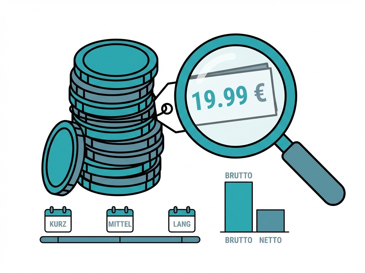 Finanz-Grafik: Münzstapel, Lupe auf 19,99€-Schild, Zeitstrahl (kurz/mittel/lang) und Brutto-Netto-Diagramm.