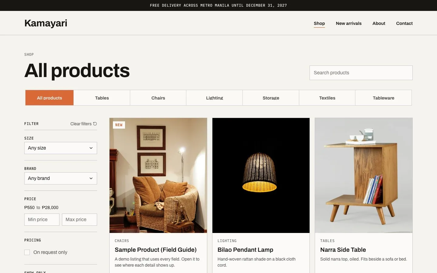 Kamayari shop page with filters