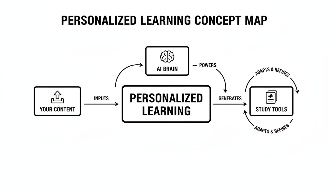 A concept map illustrating the personalized learning process with AI, content input, and adaptive study tools.