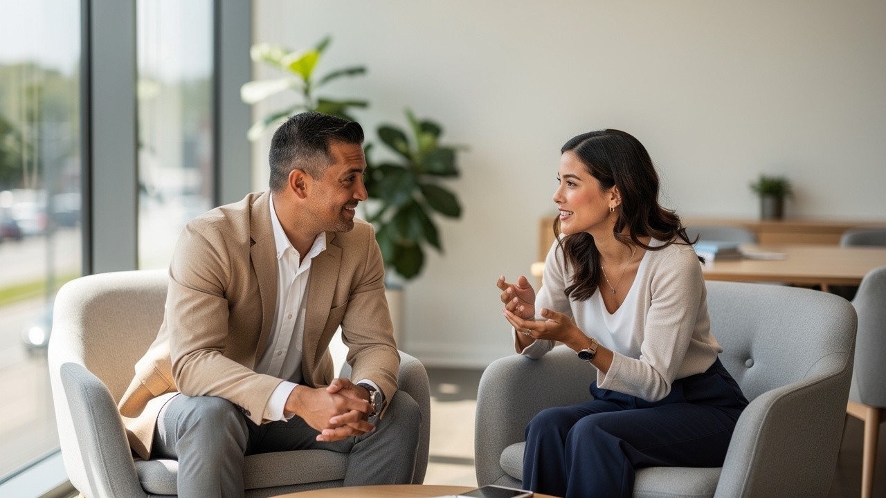 Two professionals engaged in natural business conversation