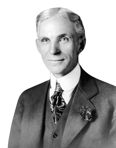 Black and white portrait of Henry Ford, the American industrialist and founder of Ford Motor Company, known for revolutionizing the automobile industry with assembly line production. He is dressed in a formal suit, featuring a patterned tie and a flower on his lapel. Ford’s confident expression reflects his influential role in shaping modern manufacturing and transportation.